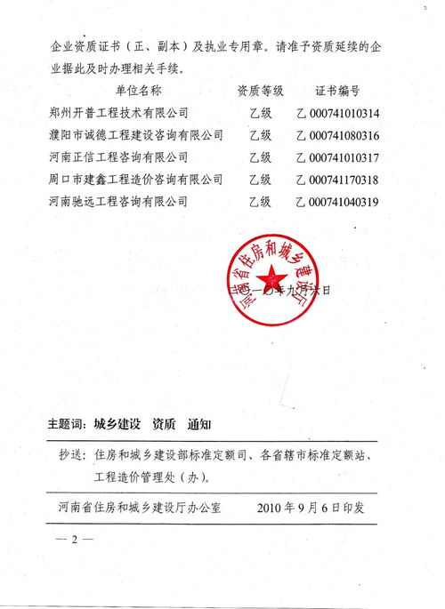 河南省住房和城鄉建設廳關于批準鄭州開普工程技術等6家乙級工程造價咨詢企業資質延續的通知